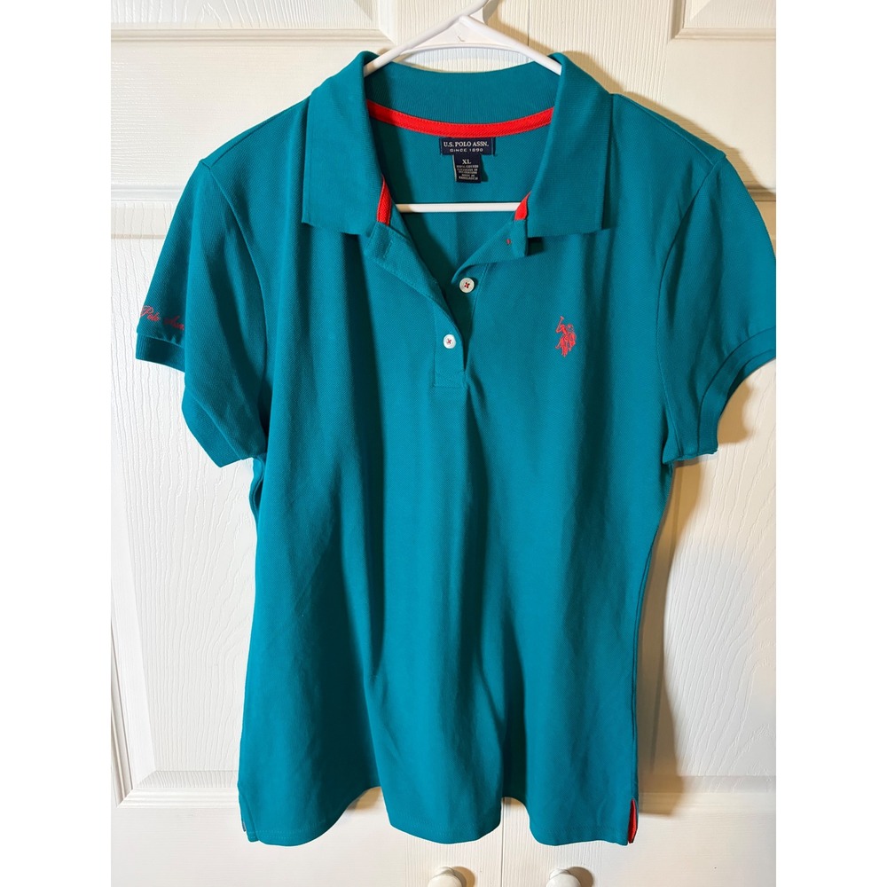 US Polo‎ Assn Kids XL Teal Blue Red Short Sleeve Cotton Pique Polo Shirt Logo